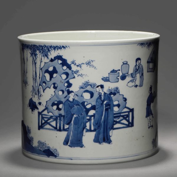 Blue and White Pen Holder with Human Figures and Stories
