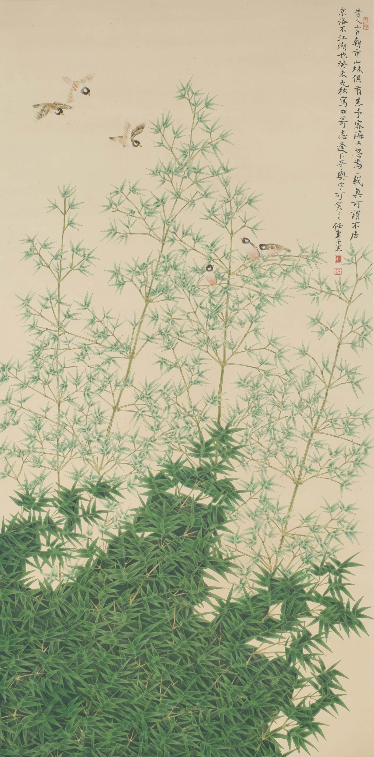3407:REN ZHONG (1913-2000) - BAMBOO AND SPARROW IN COLORS ON PAPER, HANGING SCROLL
