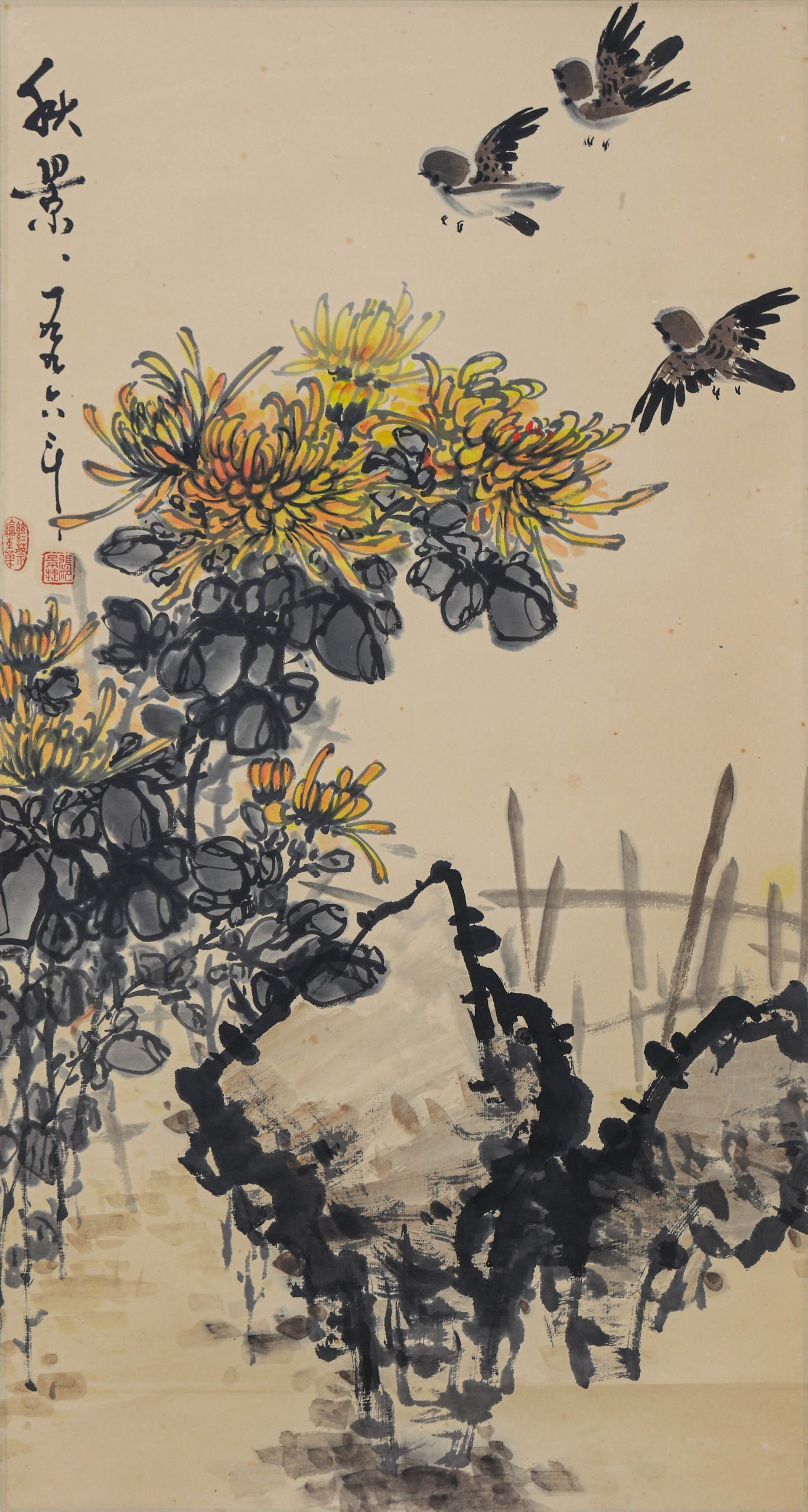 4296:A Chinese autumn scenery hanging scroll on paper, Zhang Jingjie (born 1945) Mark.
