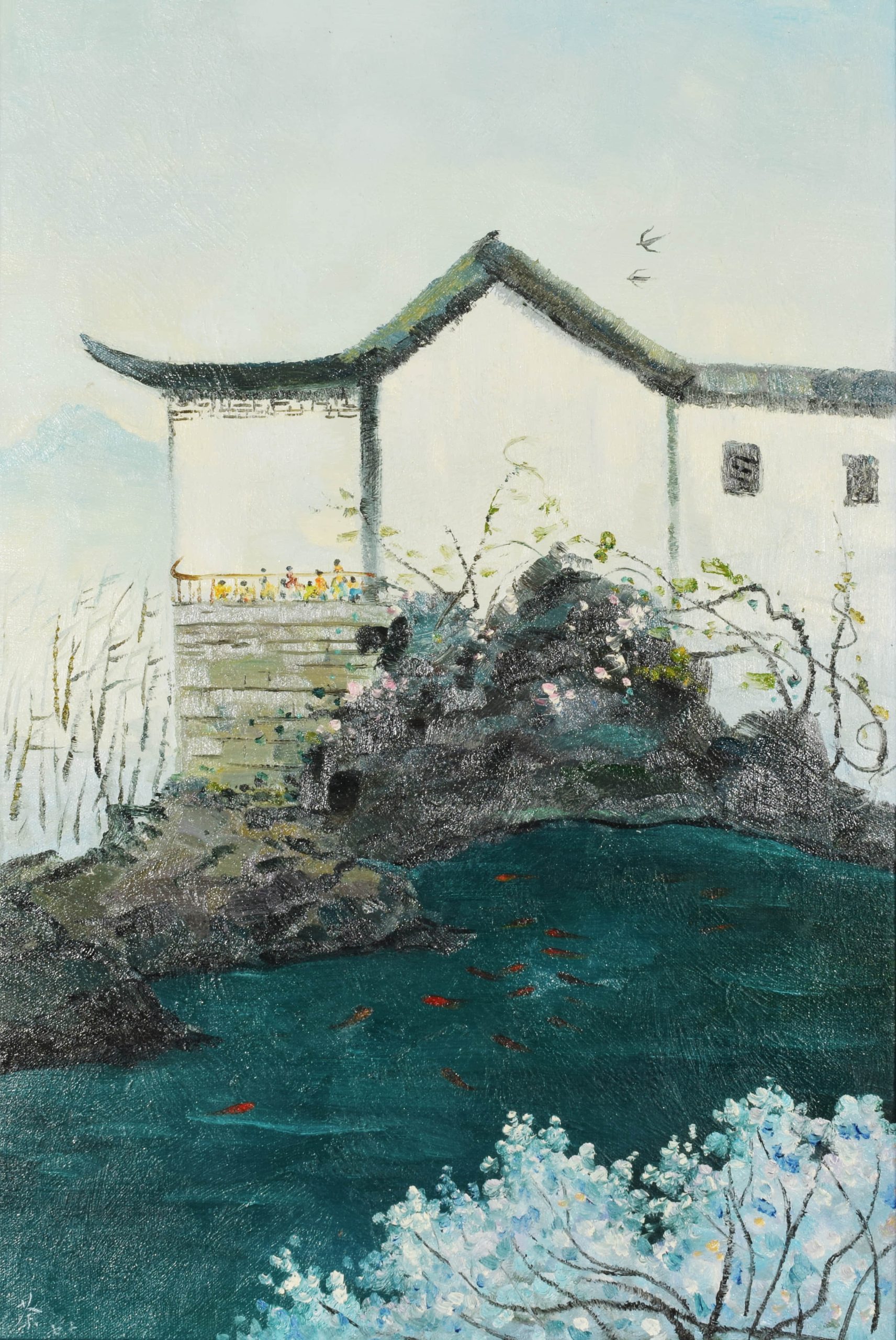 WU GUANZHONG (1919–2010) MARK, "PEACH BLOSSOM DOCK," OIL ON CANVAS, POSSIBLY 20TH CENTURY.