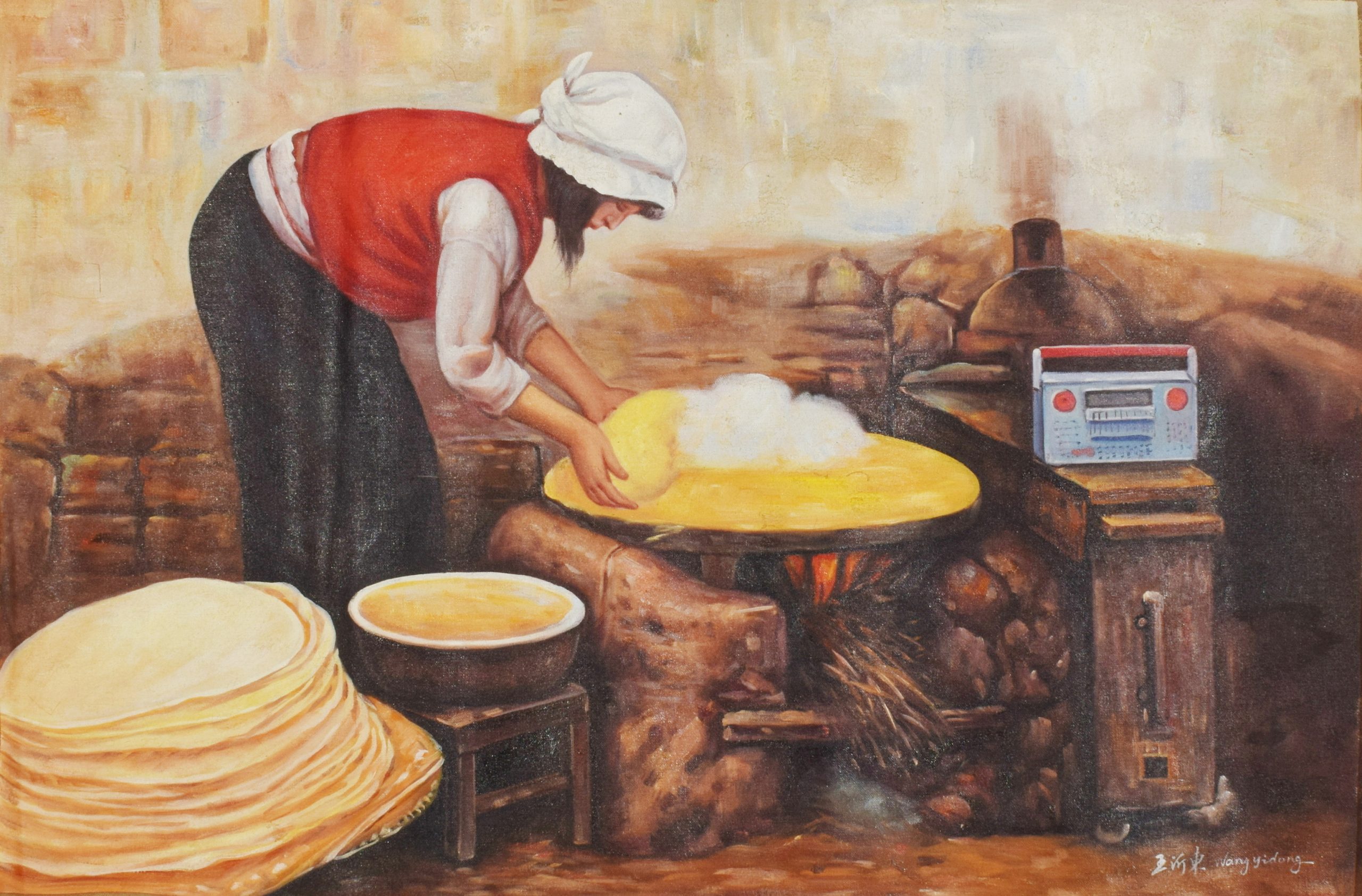 WANG YIDONG (1955–PRESENT) MARK, "PANCAKE MAKER," OIL ON CANVAS, POSSIBLY 20TH–21ST CENTURY.