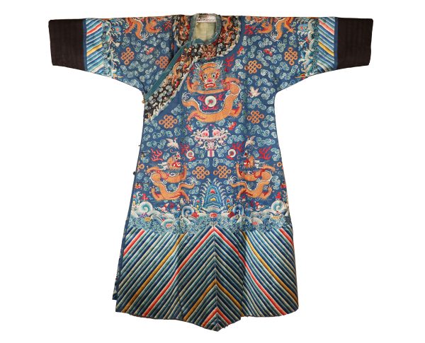 A CHINESE BLUE SATIN DRAGON ROBE